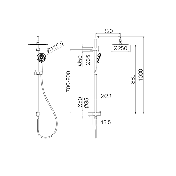 Fresh Twin Shower, Bottom Inlet, 250mm Overhead & Handset, Brushed Gold