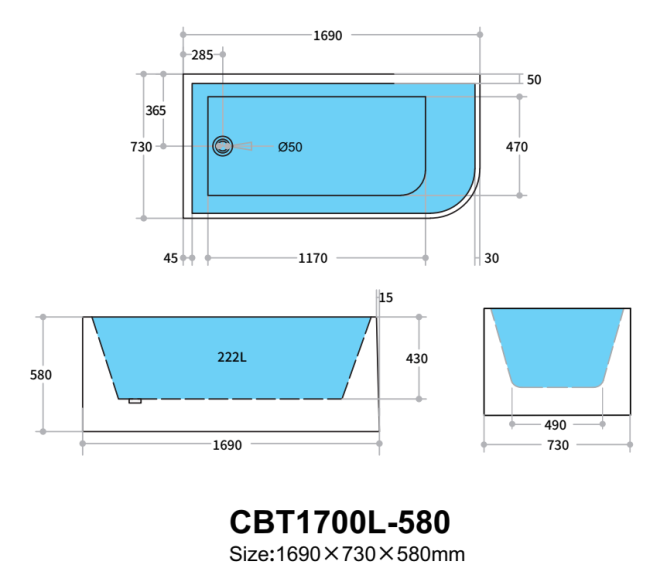 KDK Corner CBT-6 Freestanding Bath, White Gloss 1500/1700
