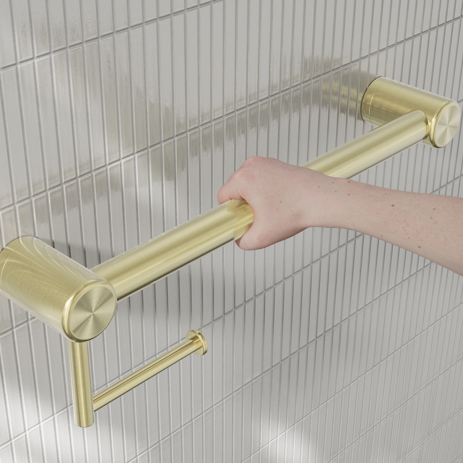 Nero Mecca Care 32mm Grab Rail With Toilet Roll Holder 450mm Brushed Gold image