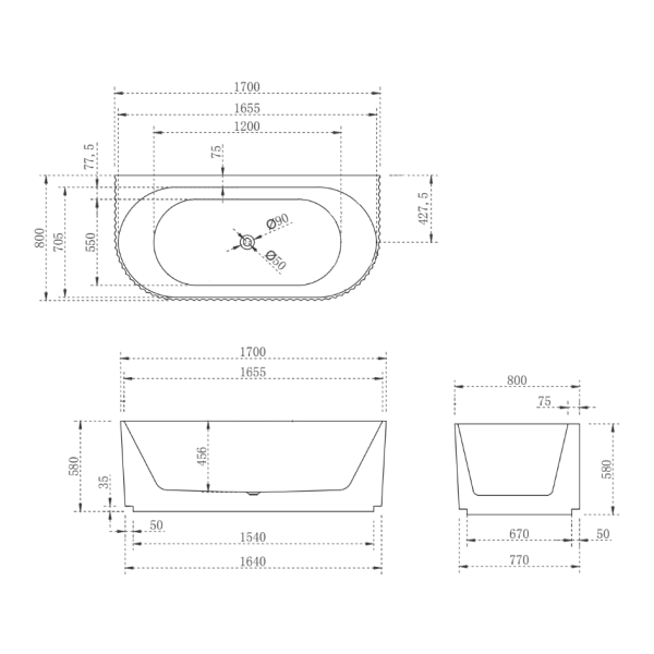 KDK Brighton Groove 1700mm Back To Wall Bath Matte Black Bathware