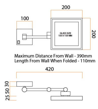 Square magnifying shop mirror with light