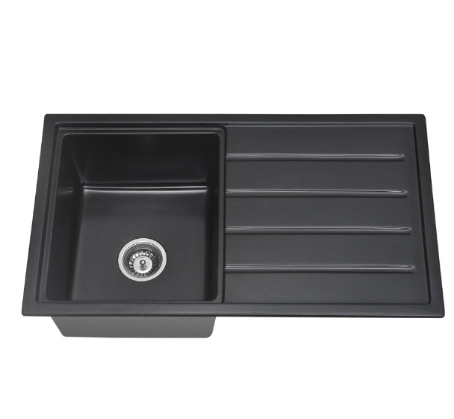 Rokette Single Bowl with Drainer Top Undermount Sink Carbon 860mm Bathware Direct