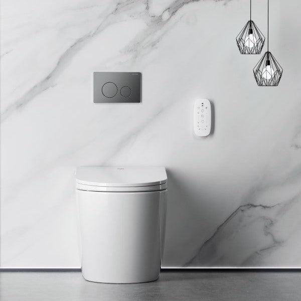A modern white Lafeme Crawford in-wall smart toilet with side control panel and wall-mounted electronic controls, set against a marble wall.