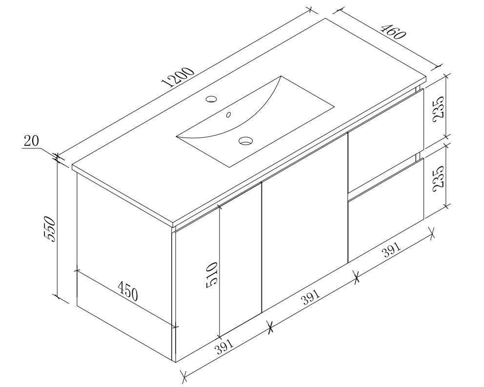 THEBE 1200mm Wall Hung, Vanity with Slim Ceramic Top, Soft Oak