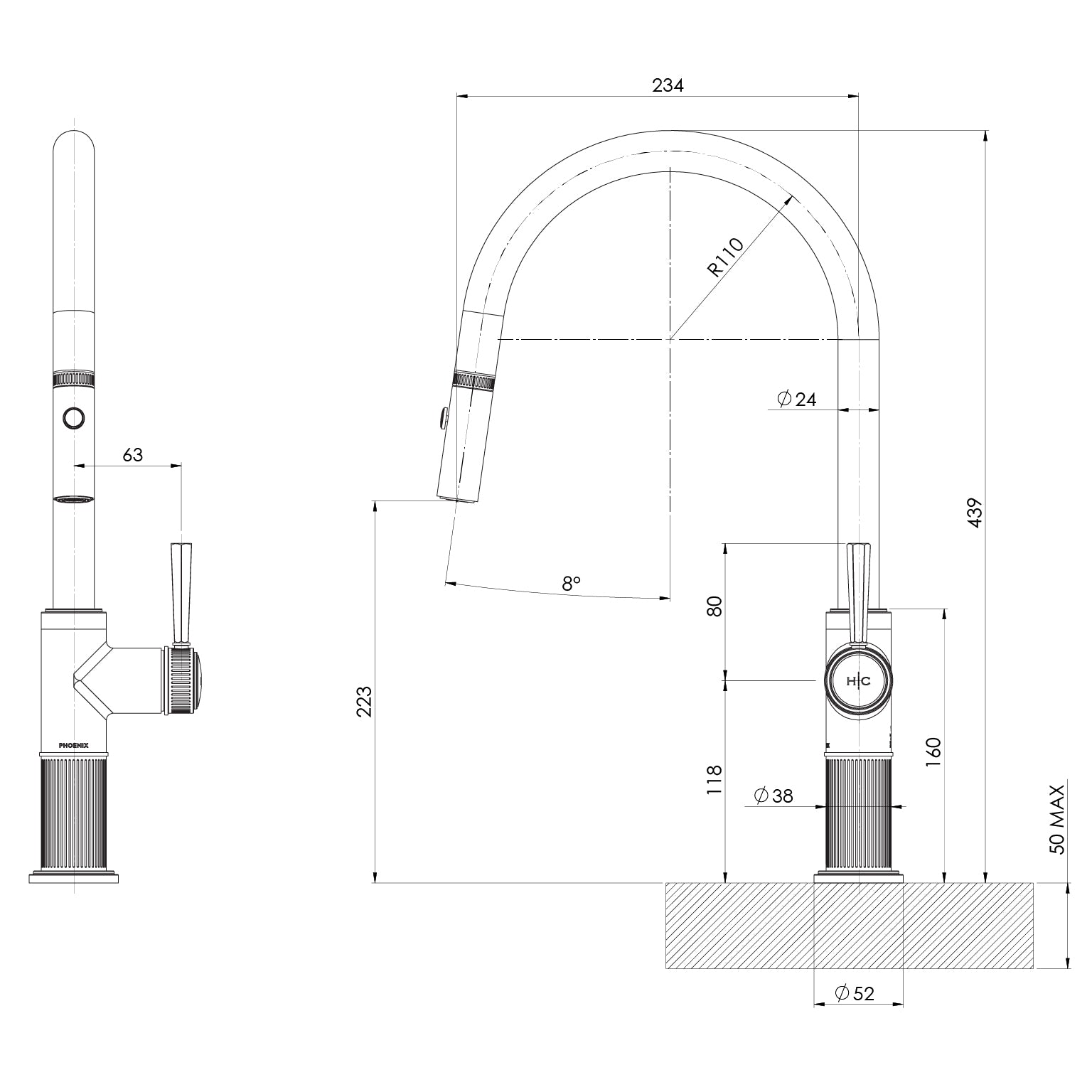 Phoenix Wiltern Pull Out Sink Mixer 230mm, Brushed Carbon image