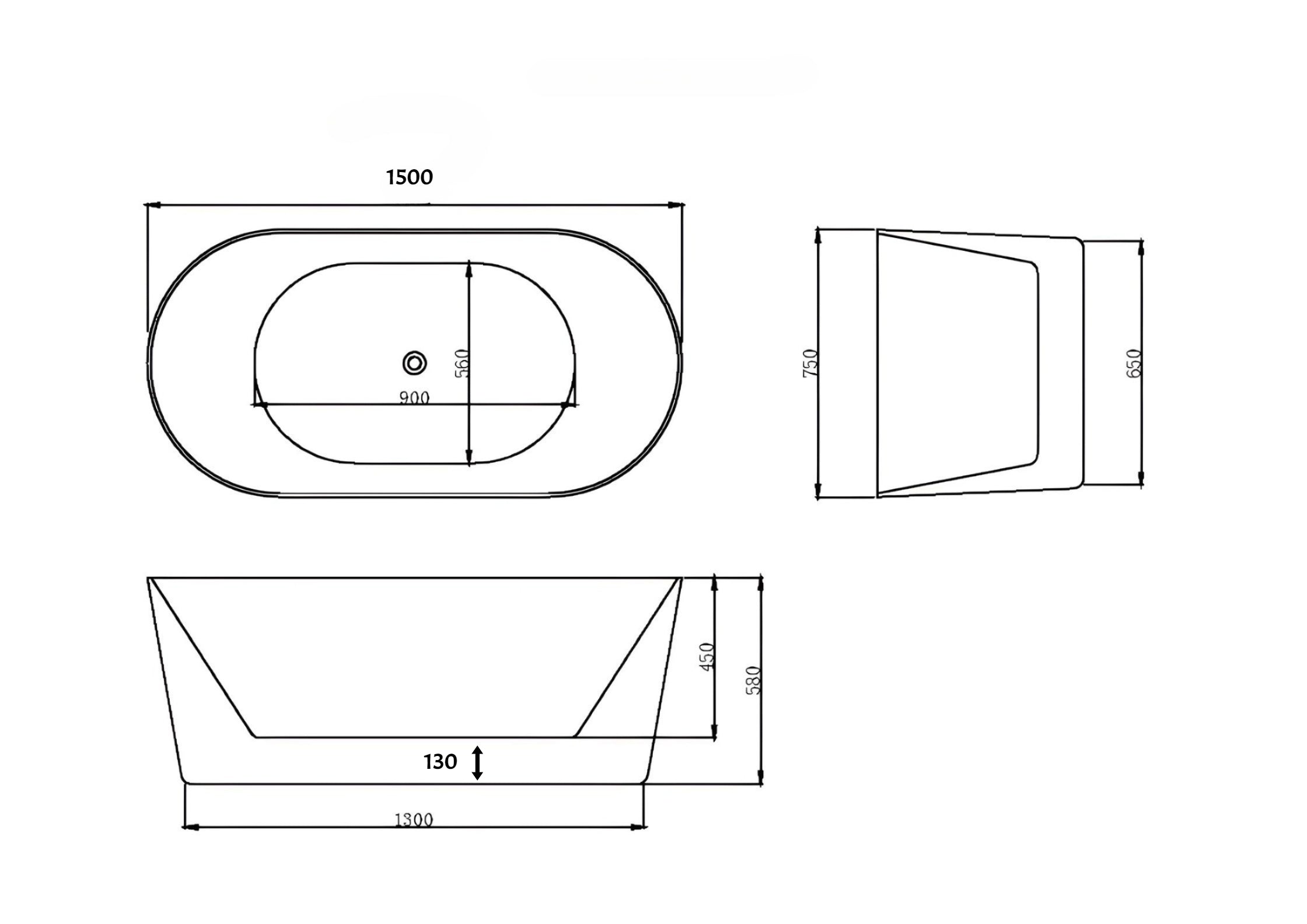 Retreat 1500mm Freestanding Oval Slim Rim Bath White