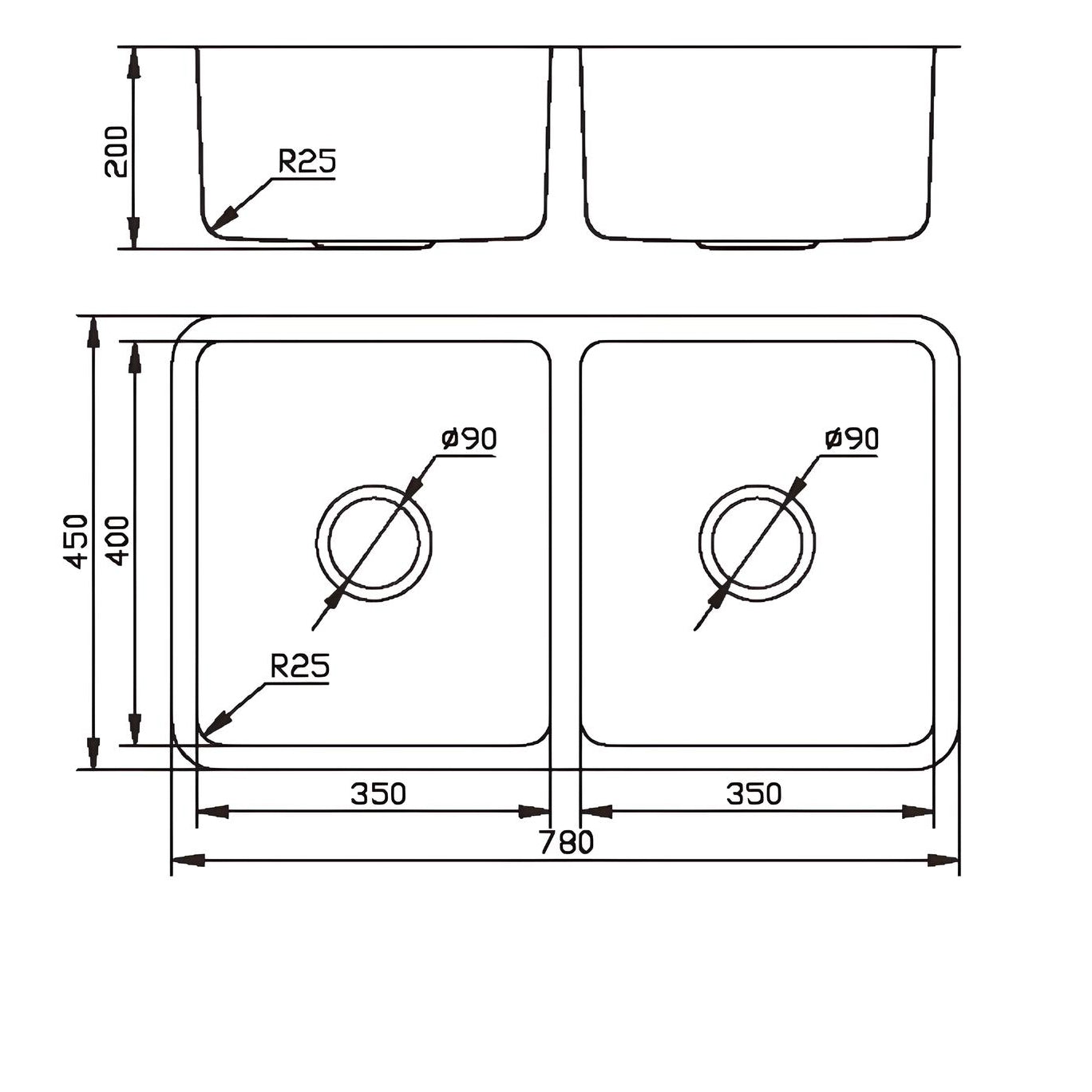 EuroEco Seville Double Bowl Rectangular Under Counter Sink