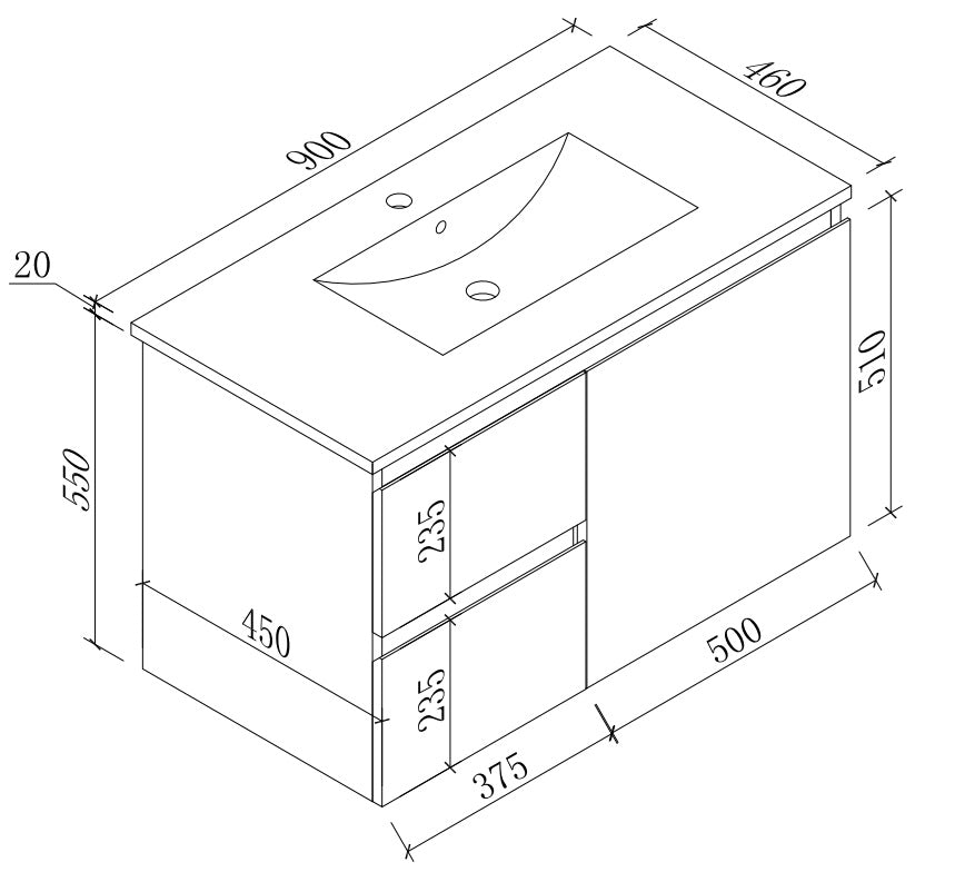 THEBE 900mm Wall Hung Vanity with Slim Ceramic Top, Soft Oak