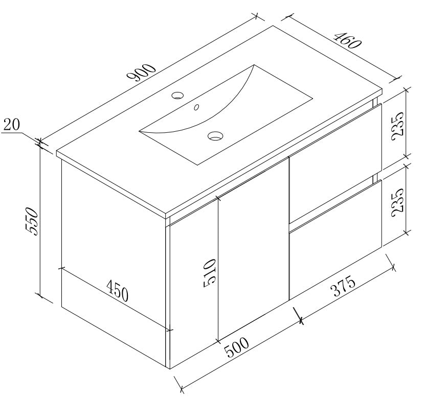 THEBE 900mm Wall Hung Vanity with Slim Ceramic Top, Soft Oak