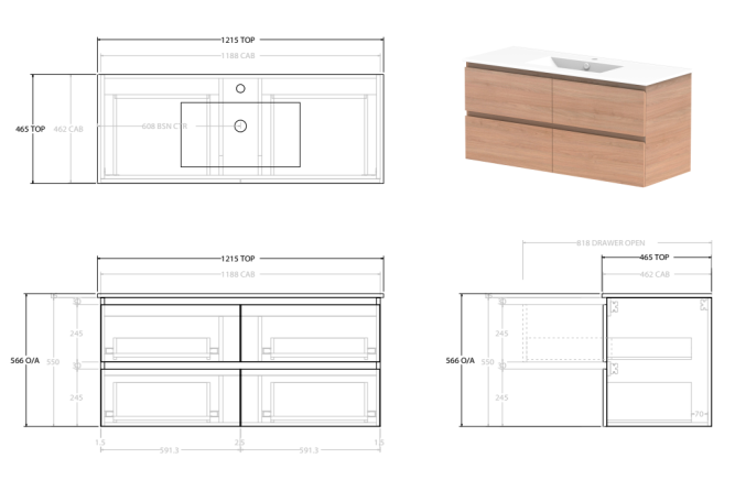 Glacier Lite Ceramic All-Drawer Twin Vanity, 1200mm - Bowl Options