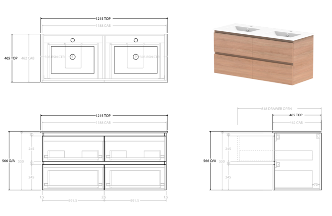 Glacier Lite Ceramic All-Drawer Twin Vanity, 1200mm - Bowl Options