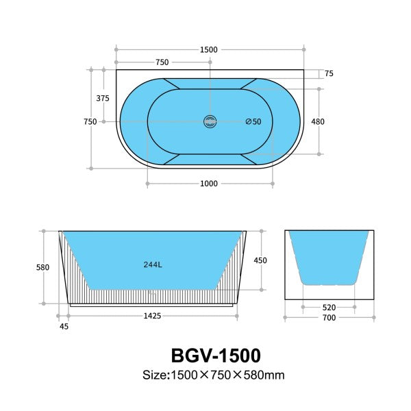 KDK Bari Groove 1500mm Back To Wall Bath - Matte Black