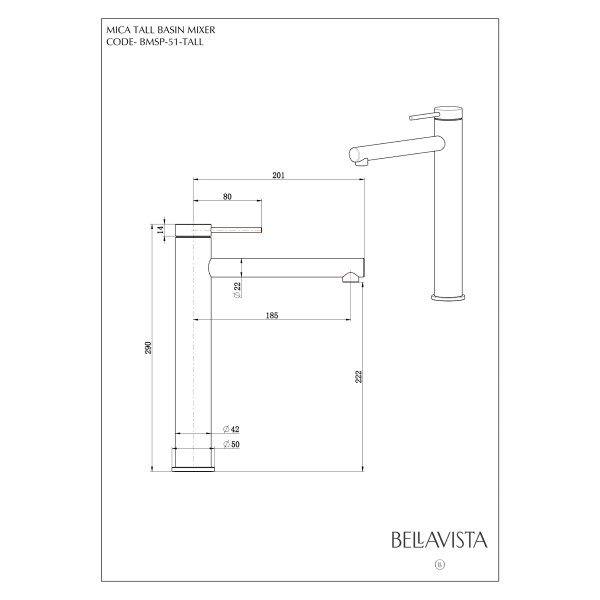 Bella Vista Mica Tall Basin Mixer Straight Spout - Matte Black