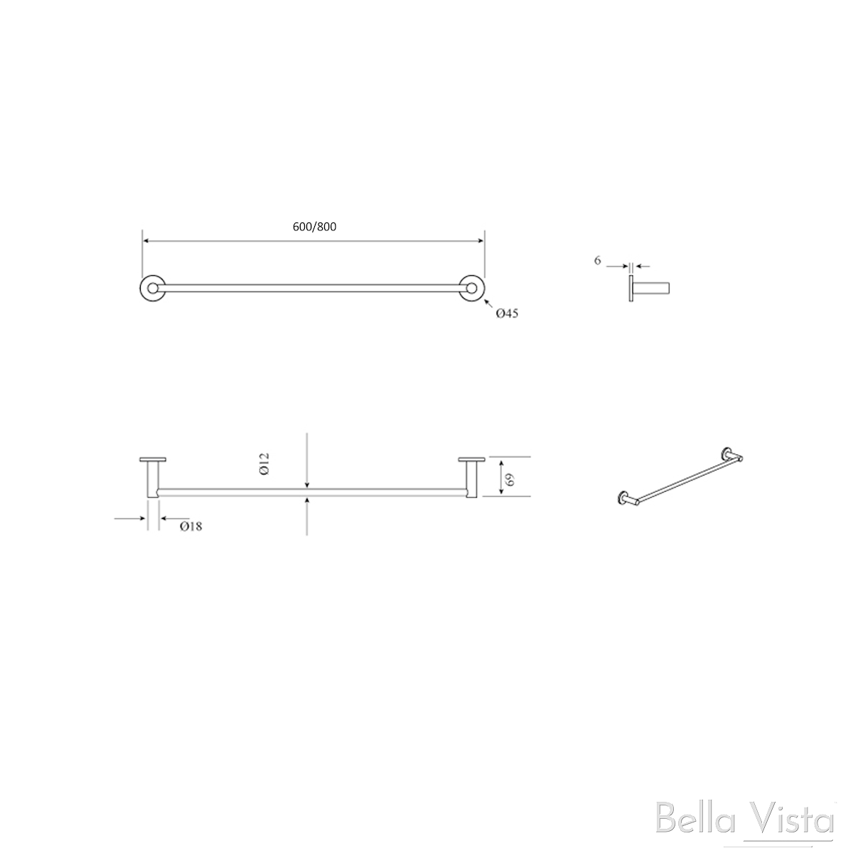 Bella Vista Mica 600mm Single Towel Rail - Brushed Nickel