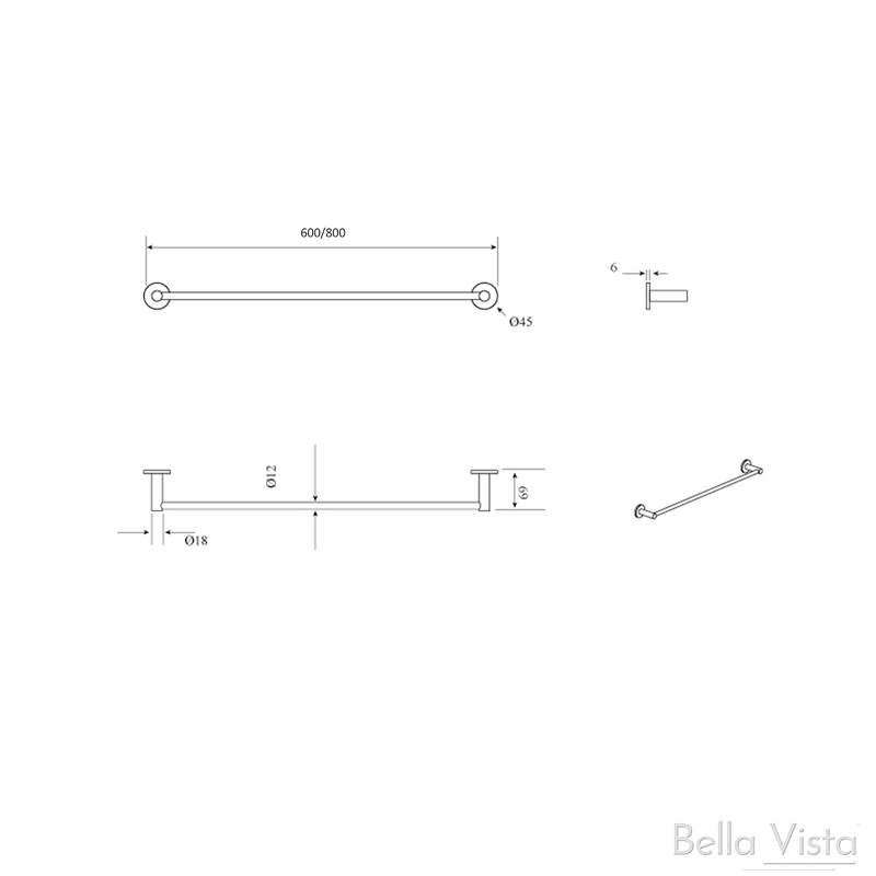 Bella Vista Mica 800mm Single Towel Rail - Brushed Gold