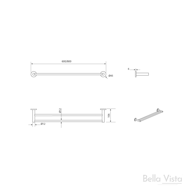 Bella Vista Mica 800mm Double Towel Rail - Chrome