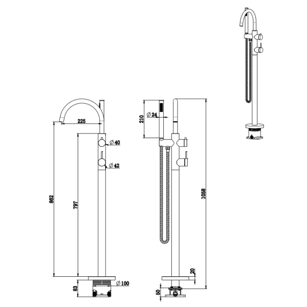 Bella Vista Mica Floorstanding Bath Spout with Mixer and Handshower - Gunmetal