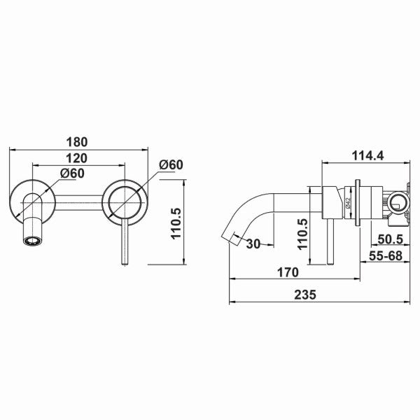 Artline Wall Basin/Bath Mixer no Backplate, Brushed Gold