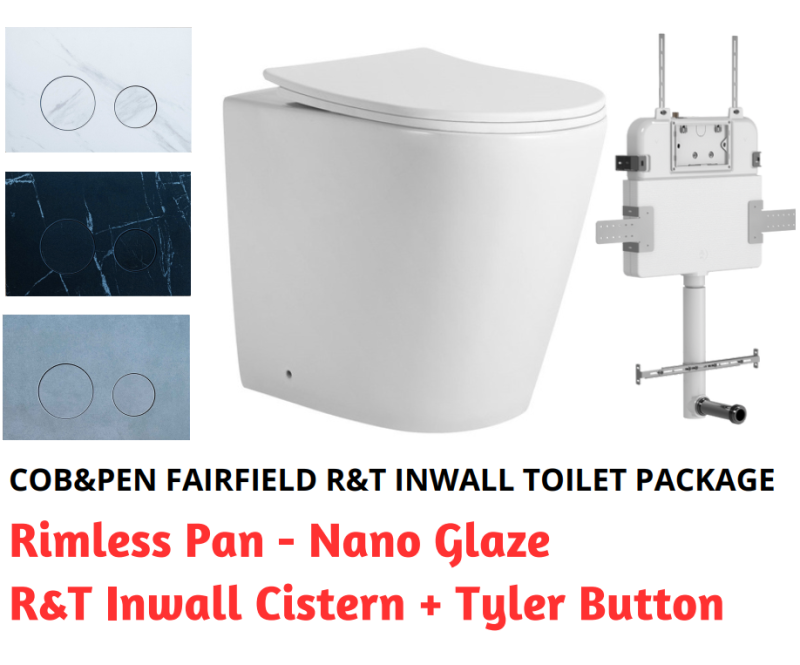 R&T In Wall Package - Fairfield Rimless Pan, Inwall Cistern and Tyler Porcelain Button