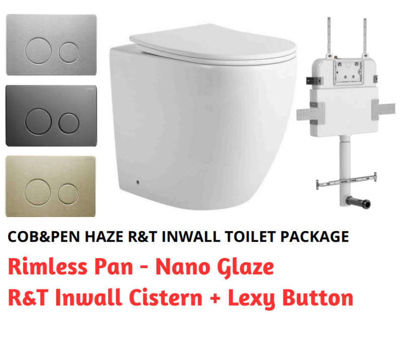 R&T In Wall Package - Haze Rimless Pan, Inwall Cistern and Lexy Round Stainless Steel Button