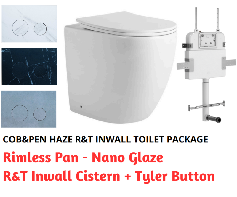 R&T In Wall Package - Haze Rimless Pan, Inwall Cistern and Tyler Porcelain Button