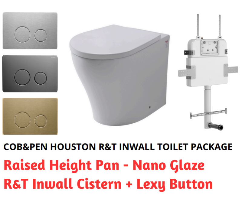 R&T In Wall Package - Houston Raised Height Pan, Inwall Cistern and Lexy Round Stainless Steel Button