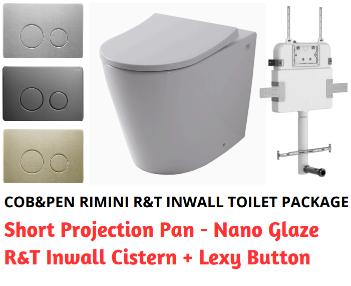 R&T In Wall Package - Rimini Rimless Pan, Inwall Cistern and Lexy Round Stainless Steel Button