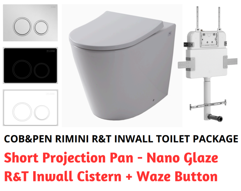 R&T In Wall Package - Rimini Rimless Pan, Inwall Cistern and Waze Round Button