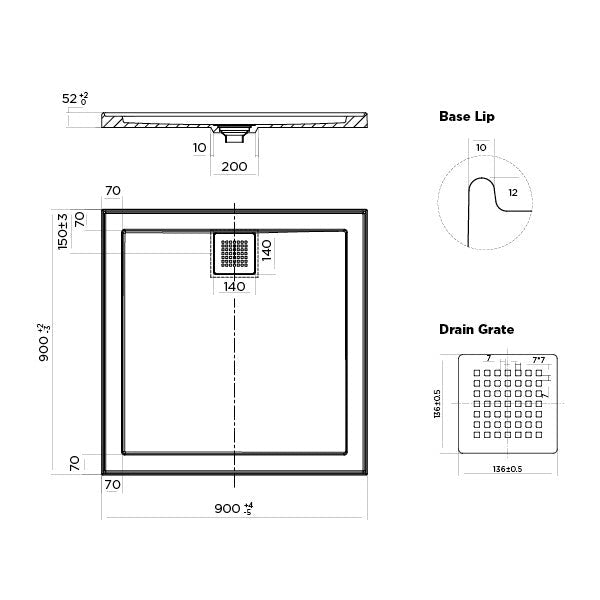 Oceano Stonelite ECO 900mm x 900mm Rear Outlet Shower Base
