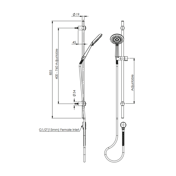 Greens Rocco Adjustable Rail Shower - Chrome