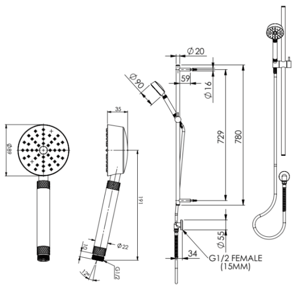 Greens Tesora Adjustable Rail Shower - Brushed Copper