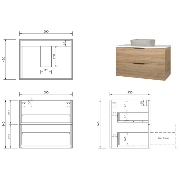 FABF Odesa Timber Veneer Vanity 600mm Vanity, American White Oak / Add Top + Basin