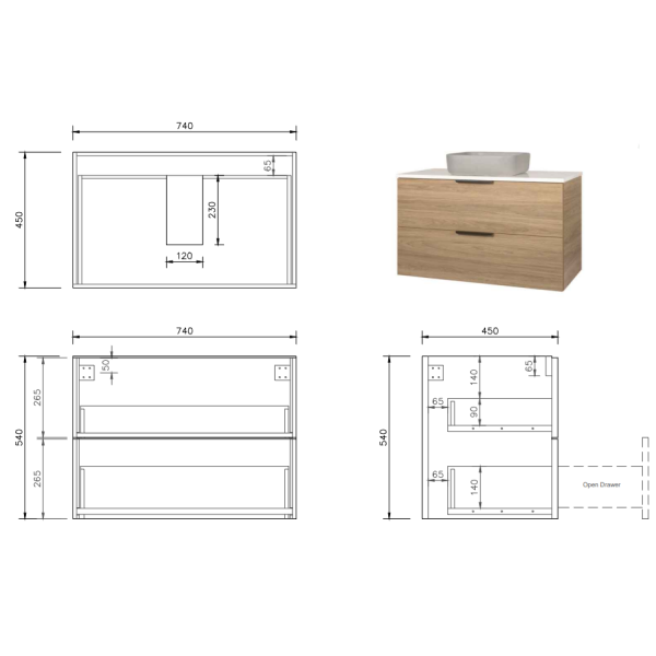 FABF Odesa Timber Veneer Vanity 750mm Vanity, Tasmanian Blackwood / Add Top + Basin