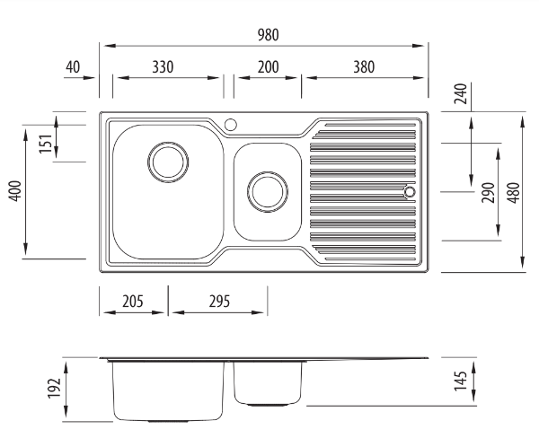 Oliveri Diaz 980mm 1.5 Bowl & Single Drainer Sink