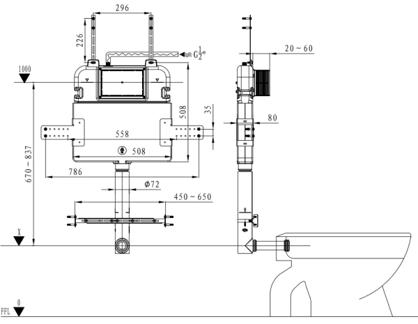 R&T In Wall Package - Houston Raised Height Pan, Inwall Cistern and Tyler Porcelain Button