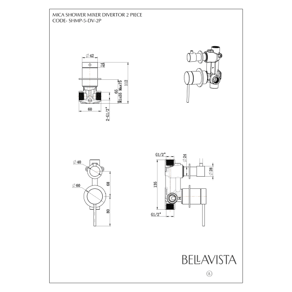 Bella Vista Mica Shower Mixer with Diverter - Matte Black  (Seperate Backplate)