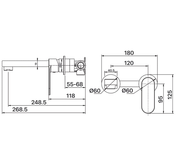 Spectra Wall Basin/Bath Mixer 180mm Spout - Brushed Nickel - Separate Back Plates (Trim Kit only)