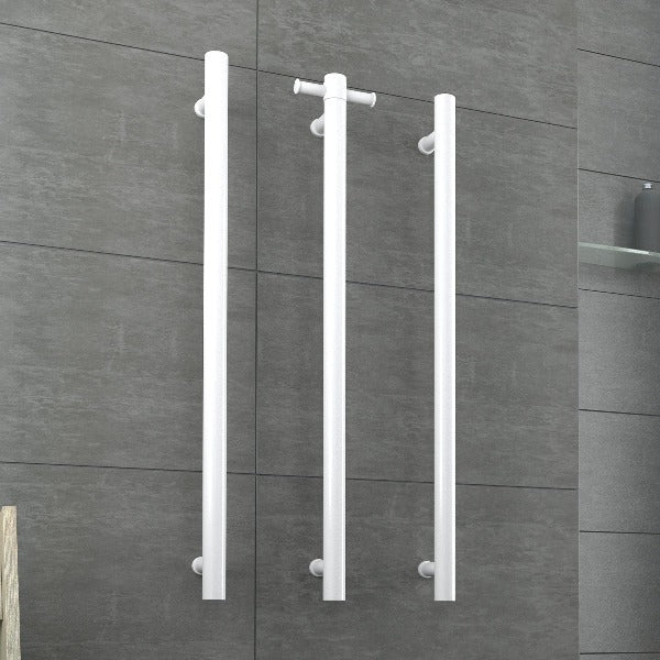 Thermorail Round Vertical Single Bar Heated Towel Rail with Hook VS900HSW - Satin White