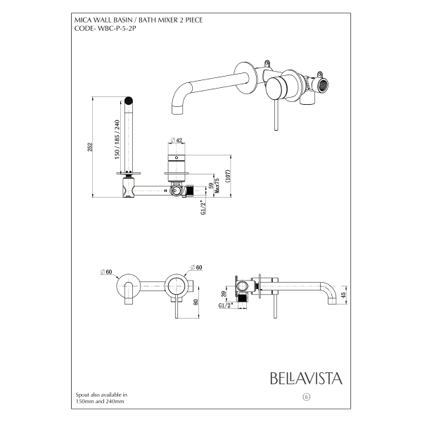 Bella Vista Mica Wall 180mm Basin / Bath Mixer Curved Spout - Gunmetal (Separate Backlate)