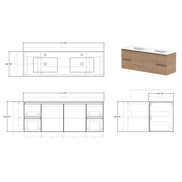 Glacier Lite Ceramic Twin Vanity 1500mm, Bowl Options