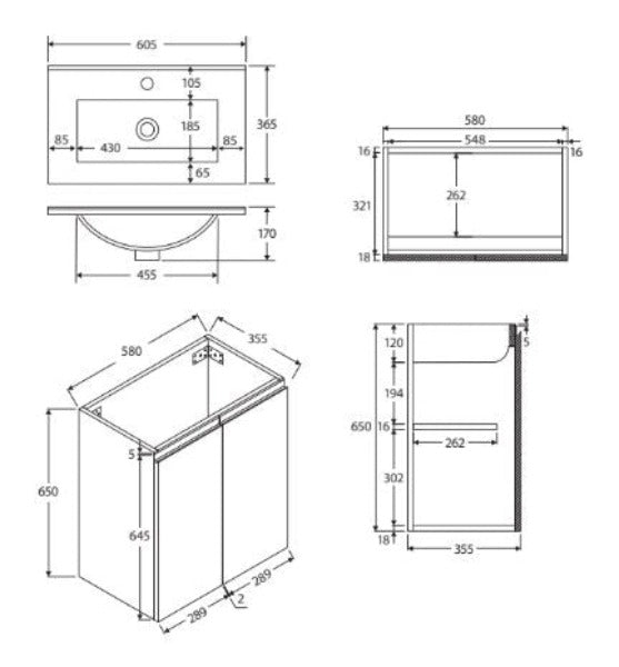 Fienza Siska Slim 600mm Wall Hung Vanity, 1th