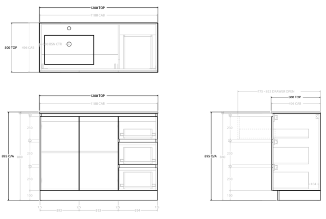 Glacier Lite Trio 1200mm Vanity, CastMarble Top, Bowl Options