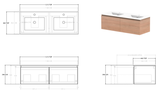 Glacier Lite Ceramic All-Drawer Slim Vanity, 1200mm - Bowl Options