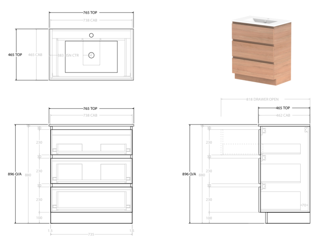 Glacier Lite Ceramic All-Drawer Trio Vanity, 750mm - Bowl Options