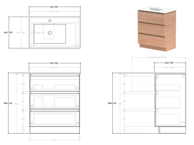 Glacier Lite Ceramic All-Drawer Trio Vanity, 750mm - Bowl Options