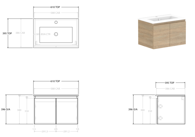 Glacier Lite Ceramic Ensuite Slim Vanity, 600mm