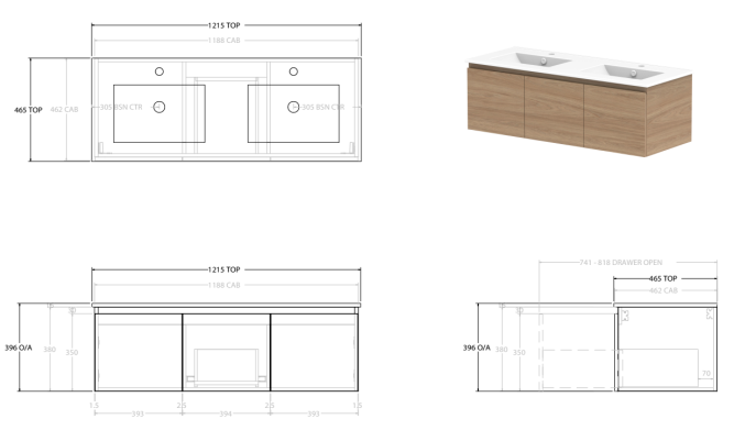 Glacier Lite Ceramic Slim Vanity, 1200mm. Double Bowl