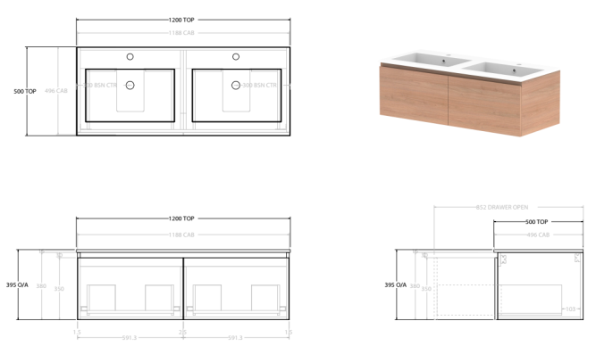 Glacier Lite All-Drawer Slim 1200mm, Double Bowl, CastMarble Top