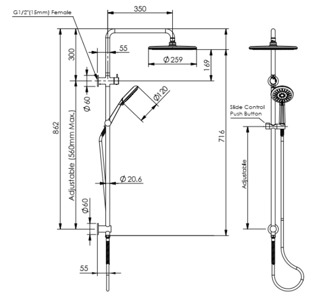 Greens Rocco Combination Twin Rail Shower - Brushed Nickel