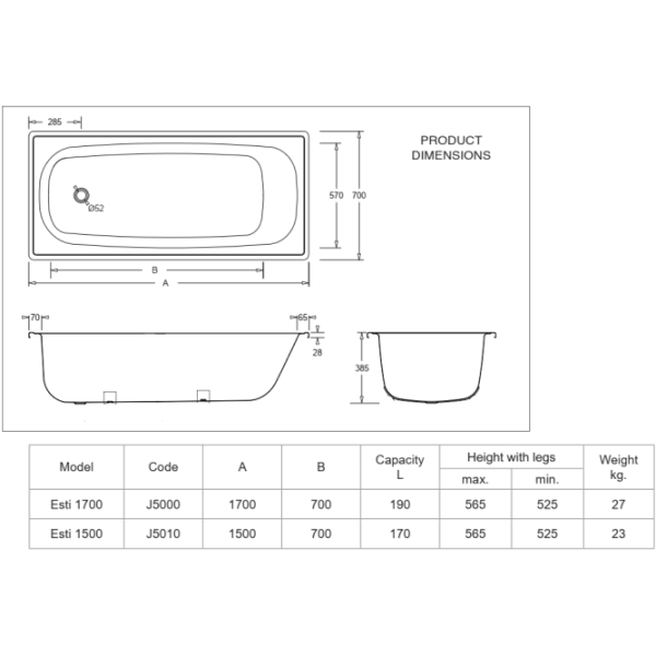 Esti 1500 Pressed Steel Enamel Bath